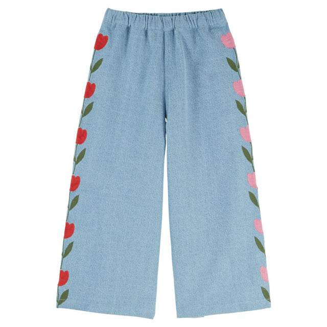 Emile & Ida Embroidered Tulip Denim Pants Washed Blue