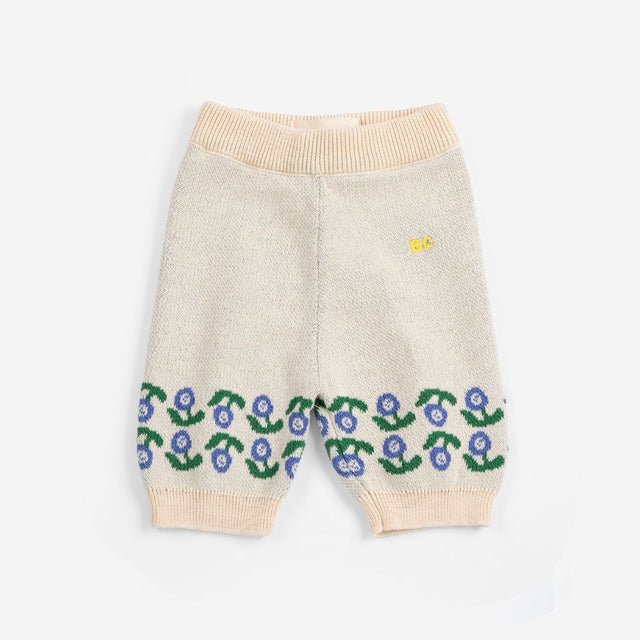 Bobo Choses Baby Stamp Bloom knitted pants in cream organic cotton knit, rib waist, straight leg
