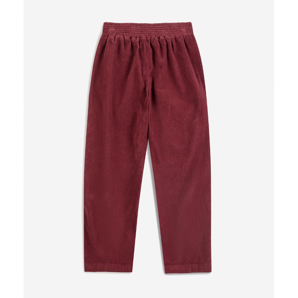 Bobo Choses Curious Owl corduroy pants in burgundy organic cotton, front pleats, relaxed leg
