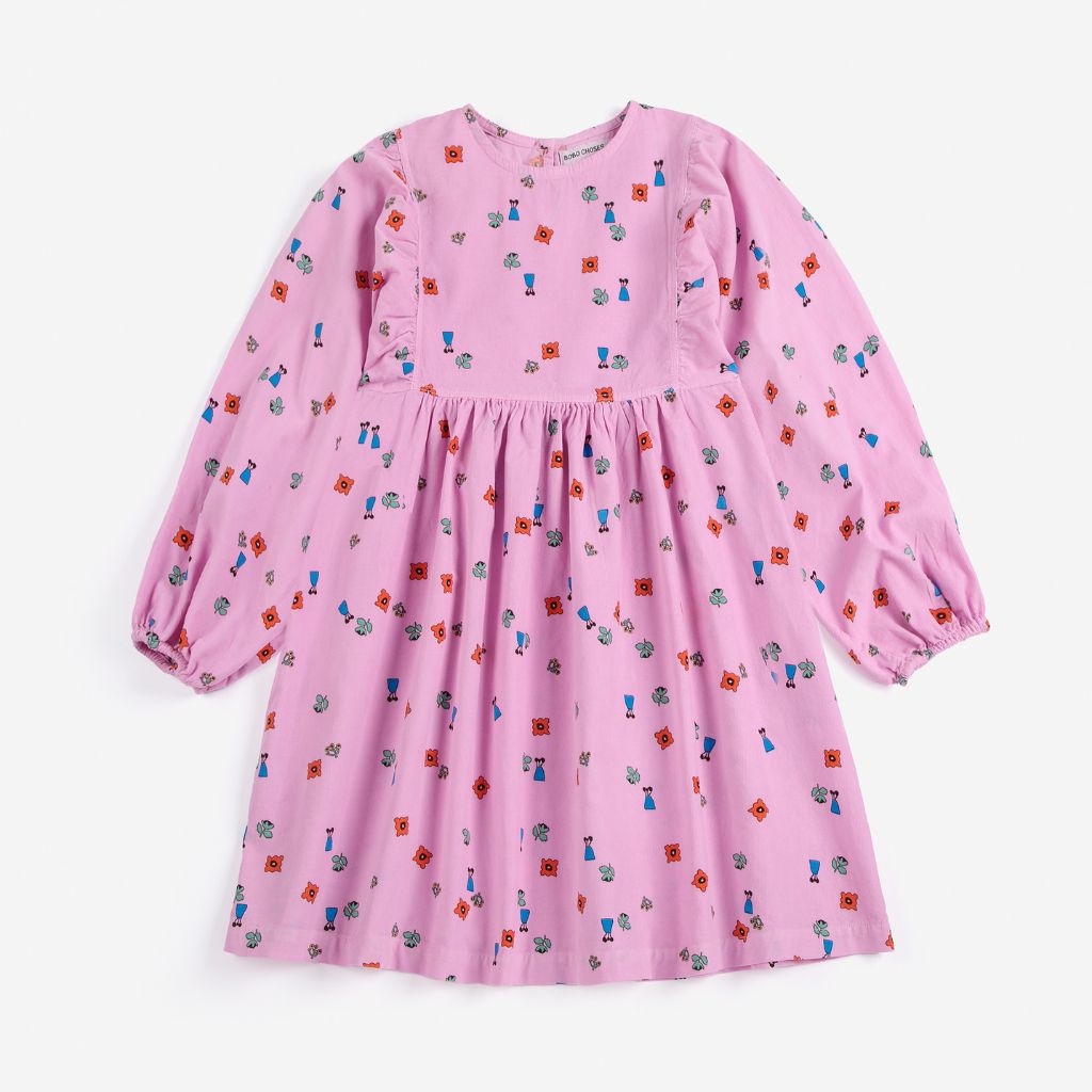 Bobo Choses Blossom woven dress in pink organic cotton, all over floral bloom print