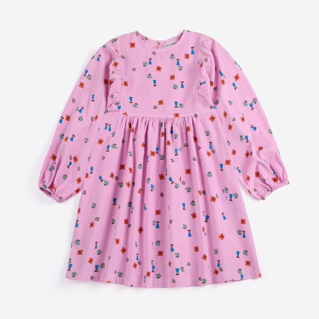 Bobo Choses Blossom woven dress in pink organic cotton, all over floral bloom print