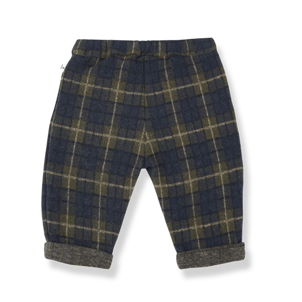 1 + in the Family CHURCHILL navy check baby pants in fleece with a drawstring waist and cuffs