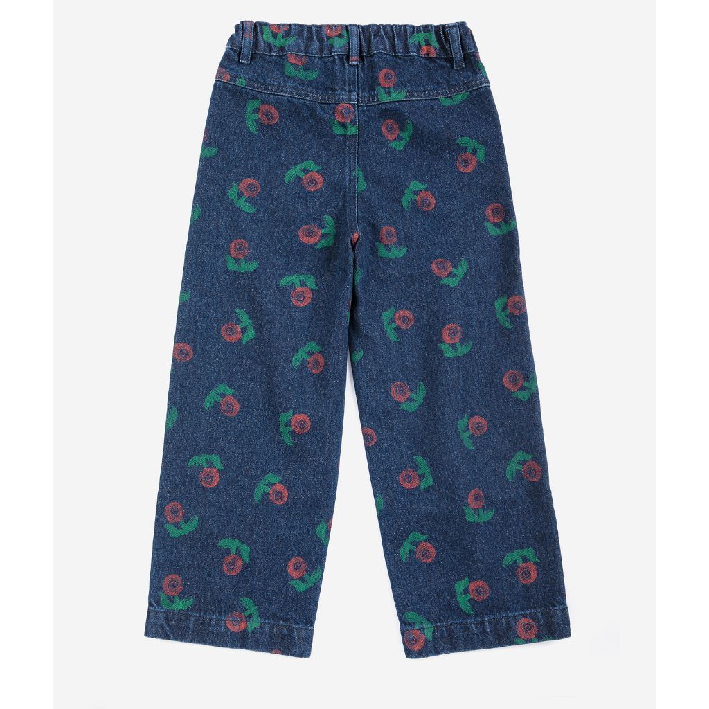 Bobo Choses Stamp Bloom denim pants in navy organic cotton, all over stamped floral print
