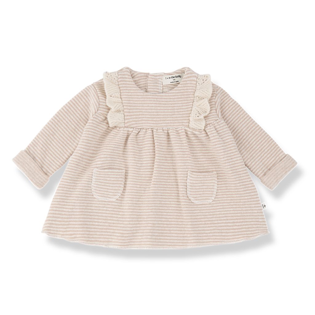 1 + in the Family NANCY blush newborn dress in soft striped fleece with ruffled shoulders