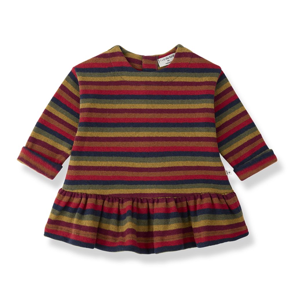 1 + in the Family INUVIK multicolour striped baby dress in soft fleece with a ruffled peplum hem