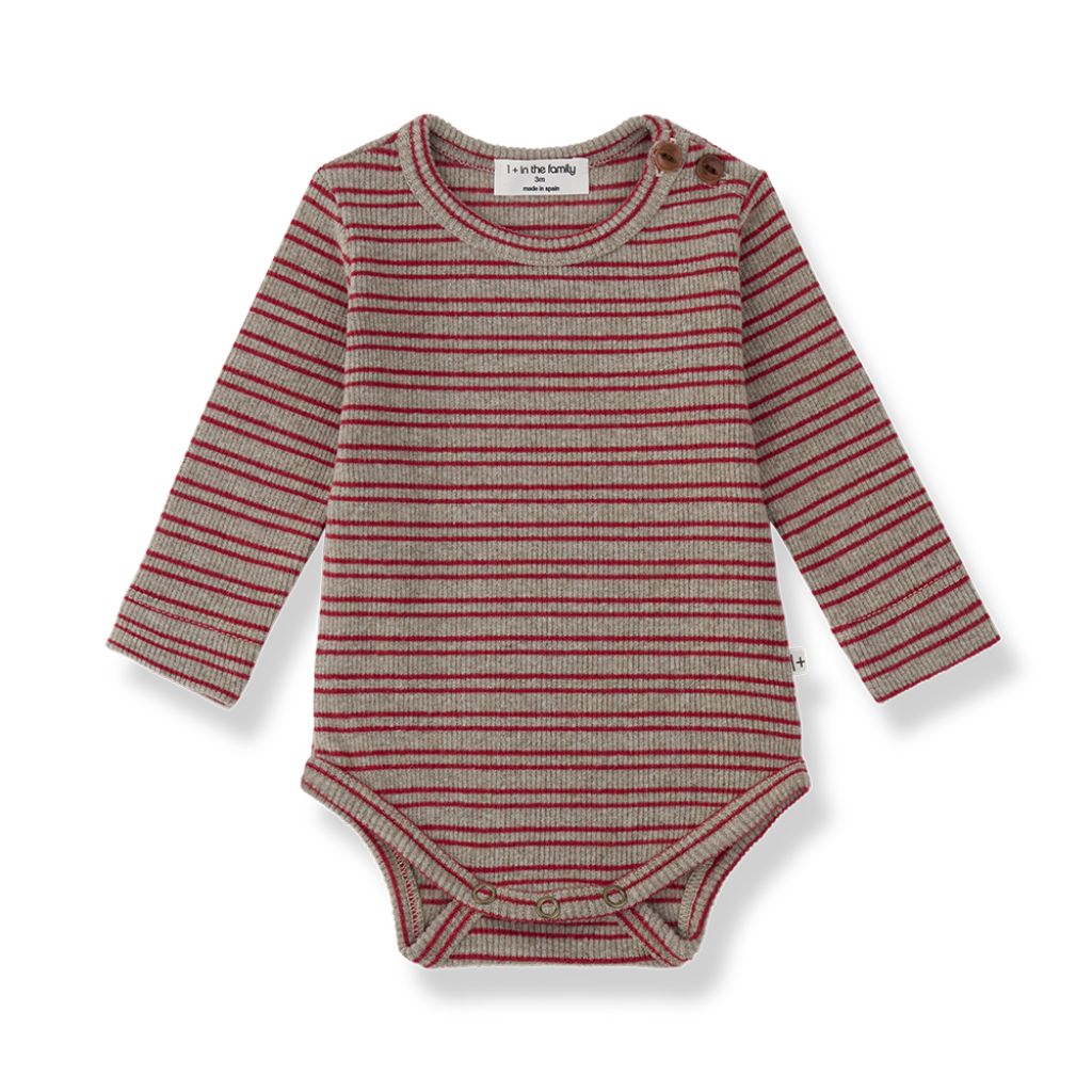 1 + in the Family FIELD burgundy striped baby bodysuit in rib jersey with long sleeves