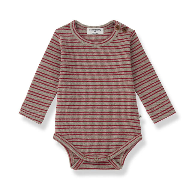 1 + in the Family FIELD burgundy striped baby bodysuit in rib jersey with long sleeves