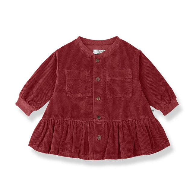 1 + in the Family REGINA burgundy baby corduroy dress with a button placket and gathered skirt