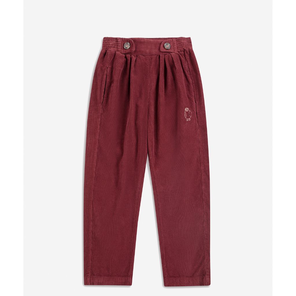 Bobo Choses Curious Owl corduroy pants in burgundy organic cotton, front pleats, relaxed leg