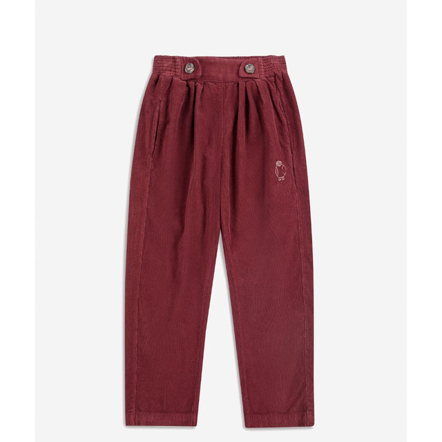Bobo Choses Curious Owl corduroy pants in burgundy organic cotton, front pleats, relaxed leg