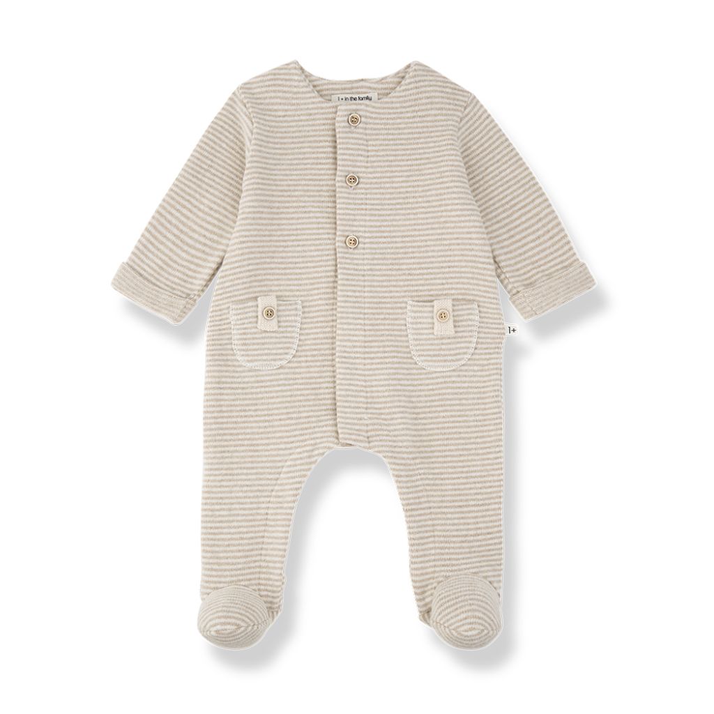 1 + in the Family METZ beige newborn footed sleeper in soft striped fleece with a button front