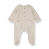 1 + in the Family METZ beige newborn footed sleeper in soft striped fleece with a button front