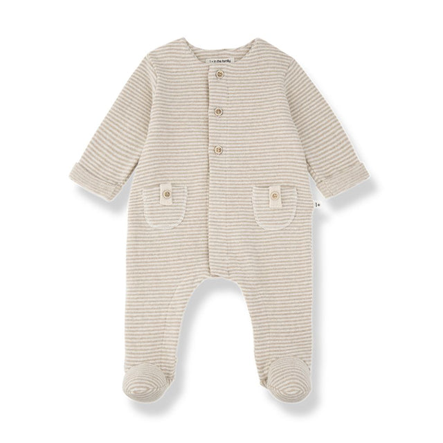 1 + in the Family METZ beige newborn footed sleeper in soft striped fleece with a button front