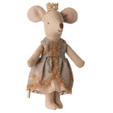 Stuffed mouse toy with a dress and crown on a white background