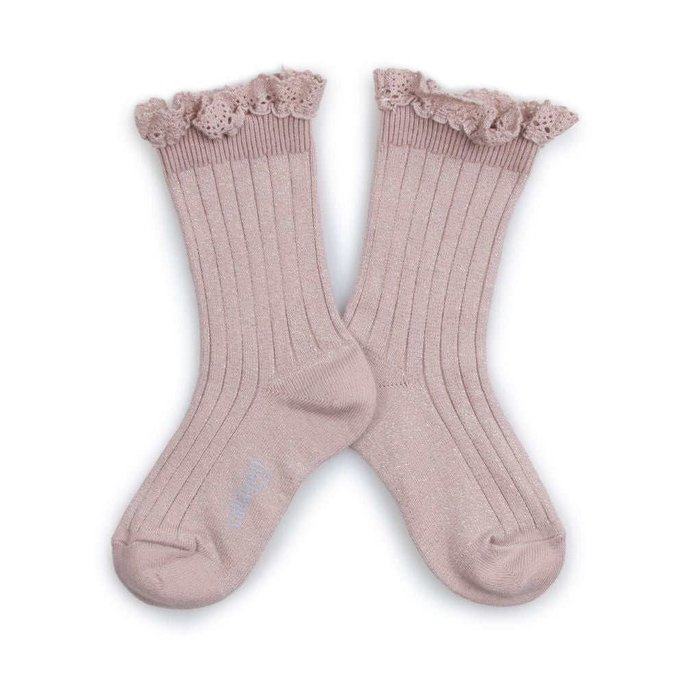 Collegien Victorine Glitter Ribbed Crew Socks with Lace Trim