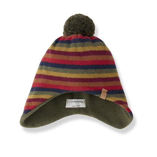 1 + in the Family BIENVILLE multicolour striped baby hat in fleece with earflaps and a pom-pom