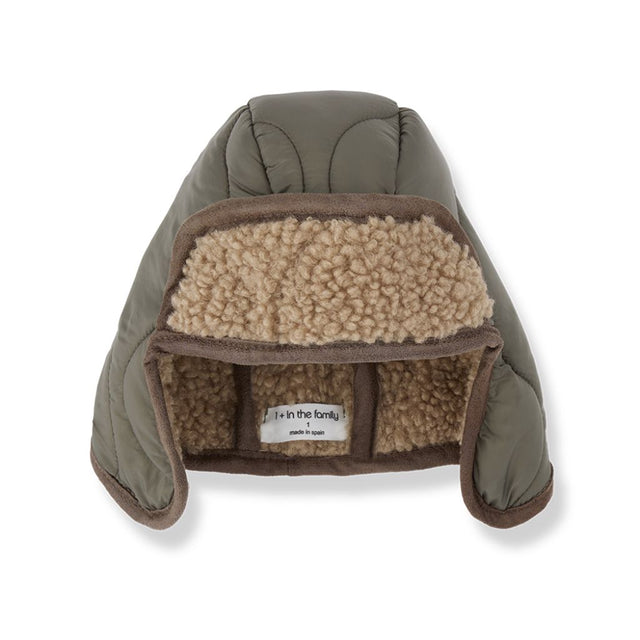 1 + in the Family YUKON khaki baby chapka hat in padded microfiber with sherpa-lined earflaps