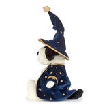 Jellycat Rufferty Puppy in a wizard robe and hat, a floppy plush puppy soft toy with a hard nose