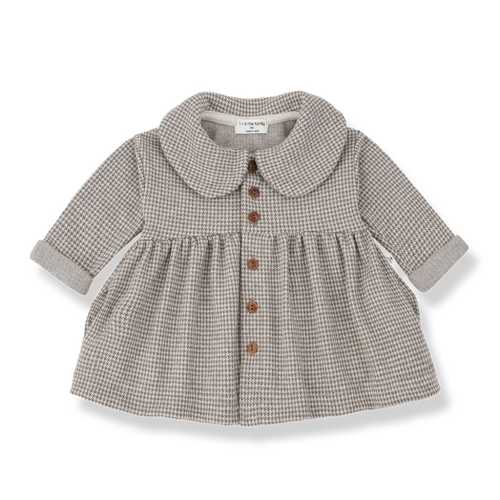 1 + in the Family SALERNO taupe houndstooth baby dress in fleece with a rounded collar