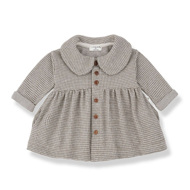 1 + in the Family SALERNO taupe houndstooth baby dress in fleece with a rounded collar