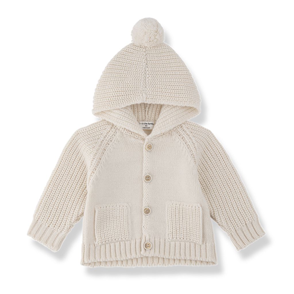 1 + in the Family TOULOUSE ivory newborn hooded cardigan in soft knitwear with button front
