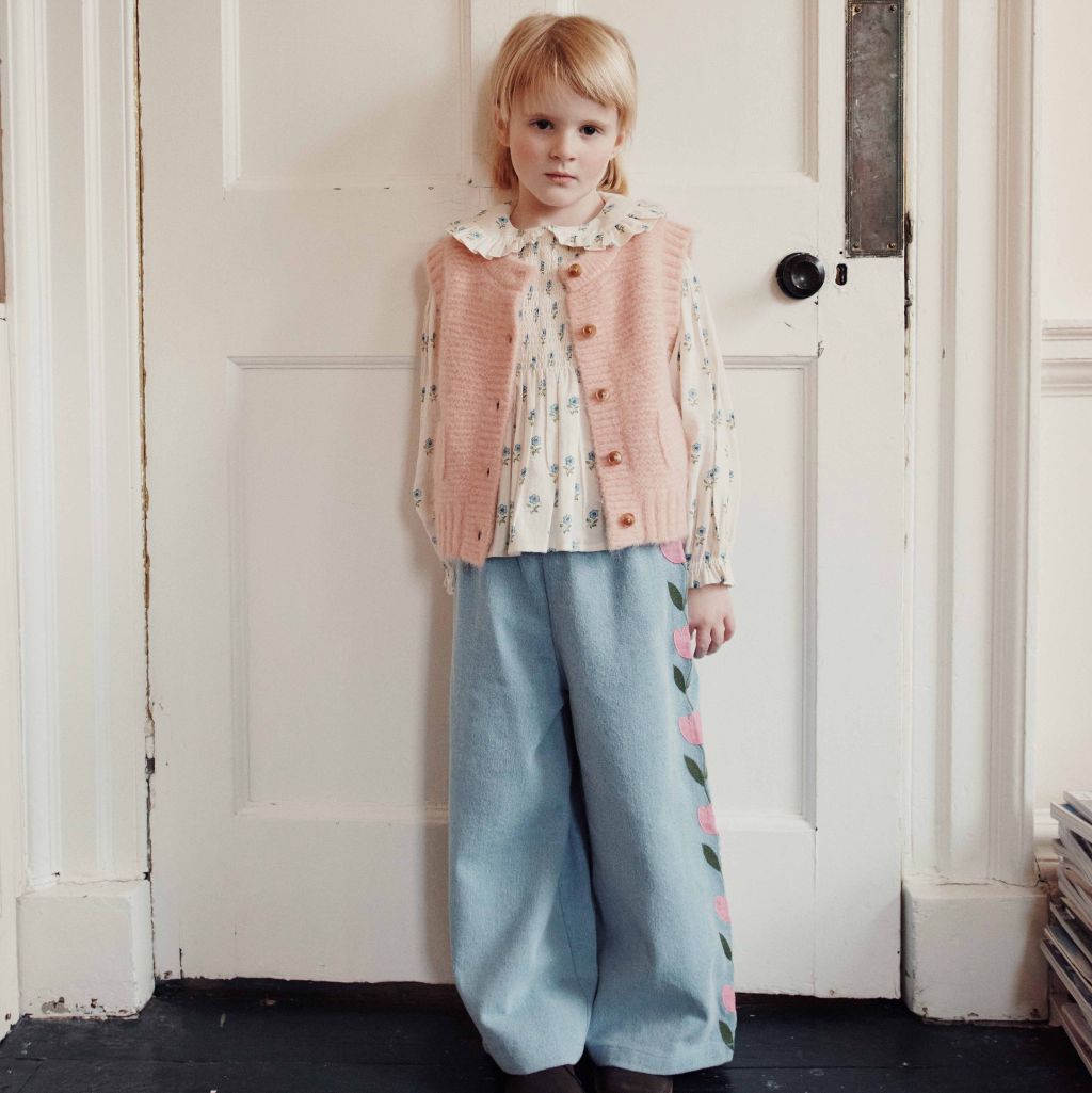 Emile & Ida Embroidered Tulip Denim Pants Washed Blue