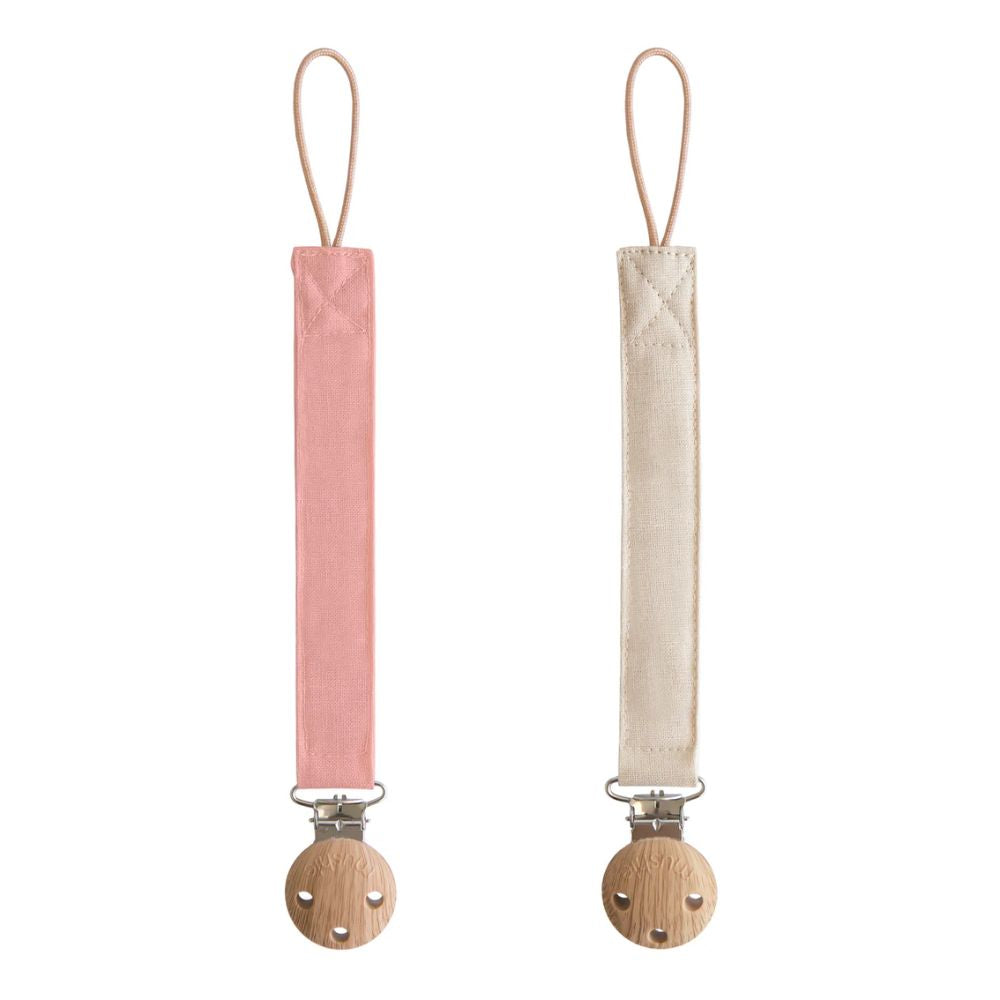 Mushie Linen Pacifier Clip 2-Pack - Dusty Rose/Shifting Sand