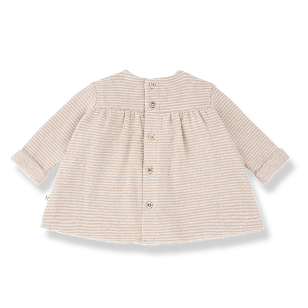 1 + in the Family NANCY blush newborn dress in soft striped fleece with ruffled shoulders