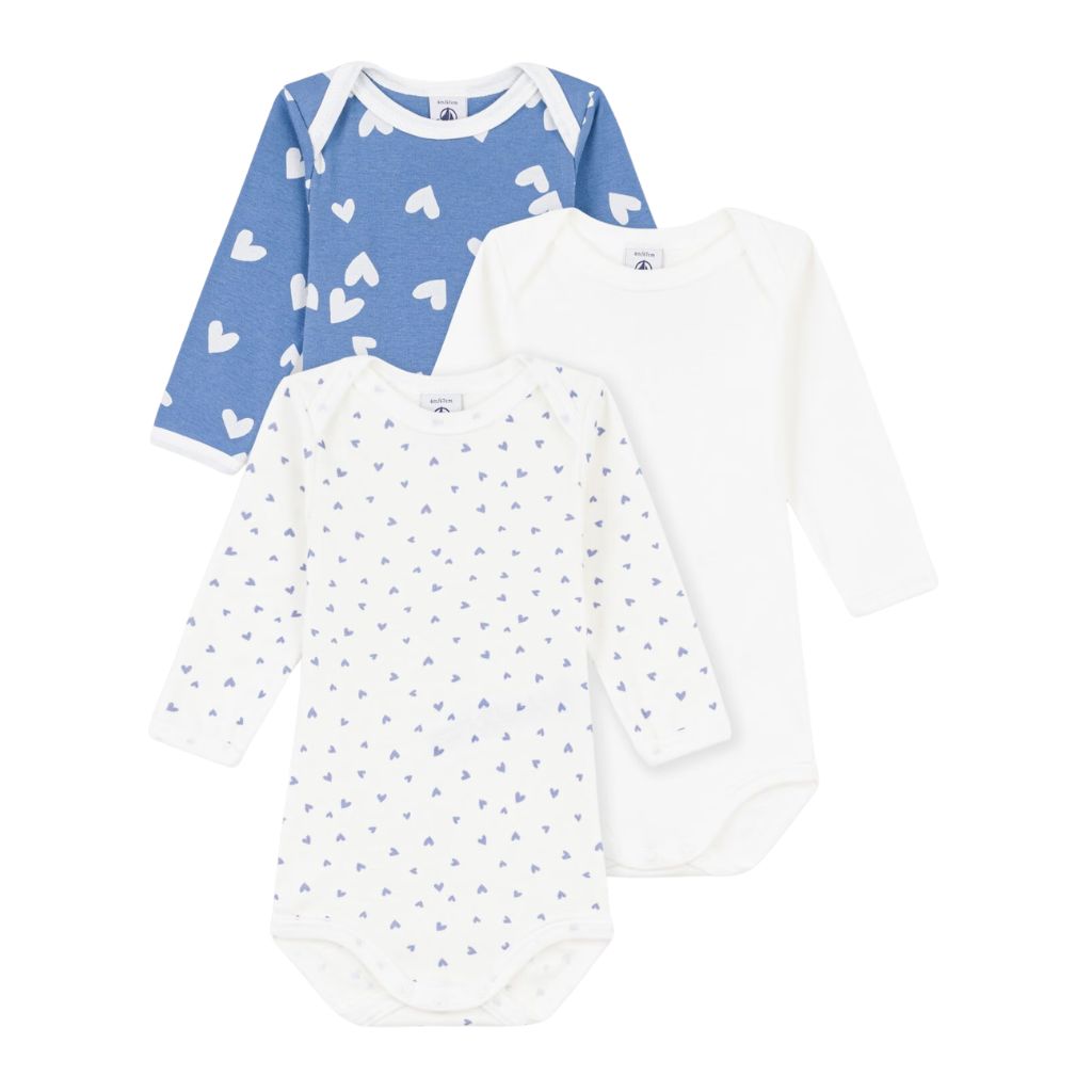 Petit Bateau LS Bodies 3pcs Blue / Hearts