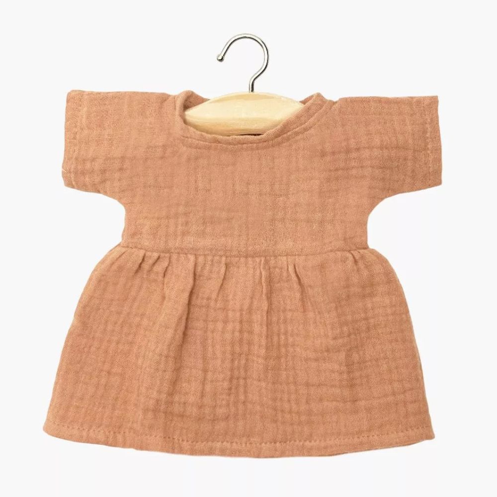 Minikane Clothing for Gordis Dolls 34cm- Faustine short-sleeved dress in marsala cotton gauze with Pouch