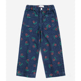Bobo Choses Stamp Bloom denim pants in navy organic cotton, all over stamped floral print