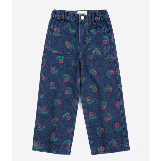 Bobo Choses Stamp Bloom denim pants in navy organic cotton, all over stamped floral print