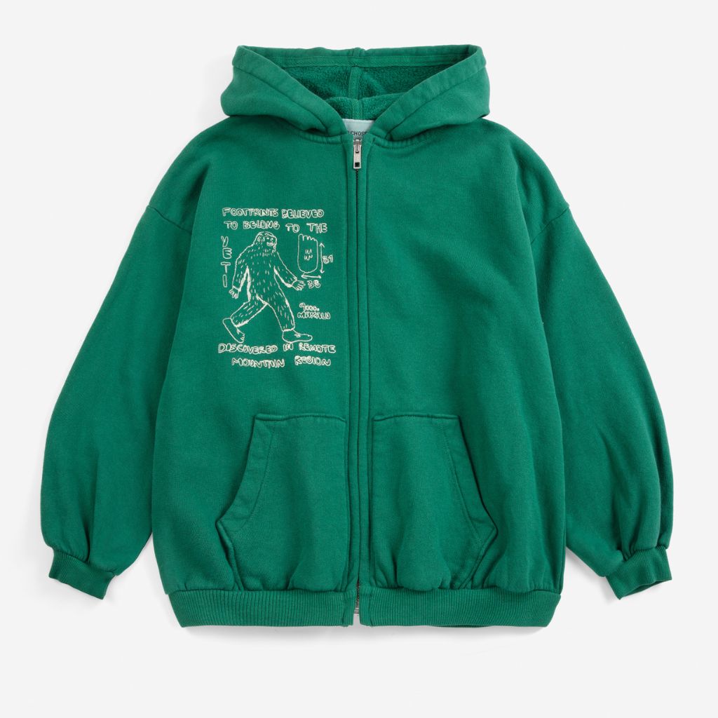 Bobo Choses Mr. Footish zipped hoodie in dark green organic cotton, full zip front, hood, loose fit