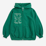 Bobo Choses Mr. Footish zipped hoodie in dark green organic cotton, full zip front, hood, loose fit
