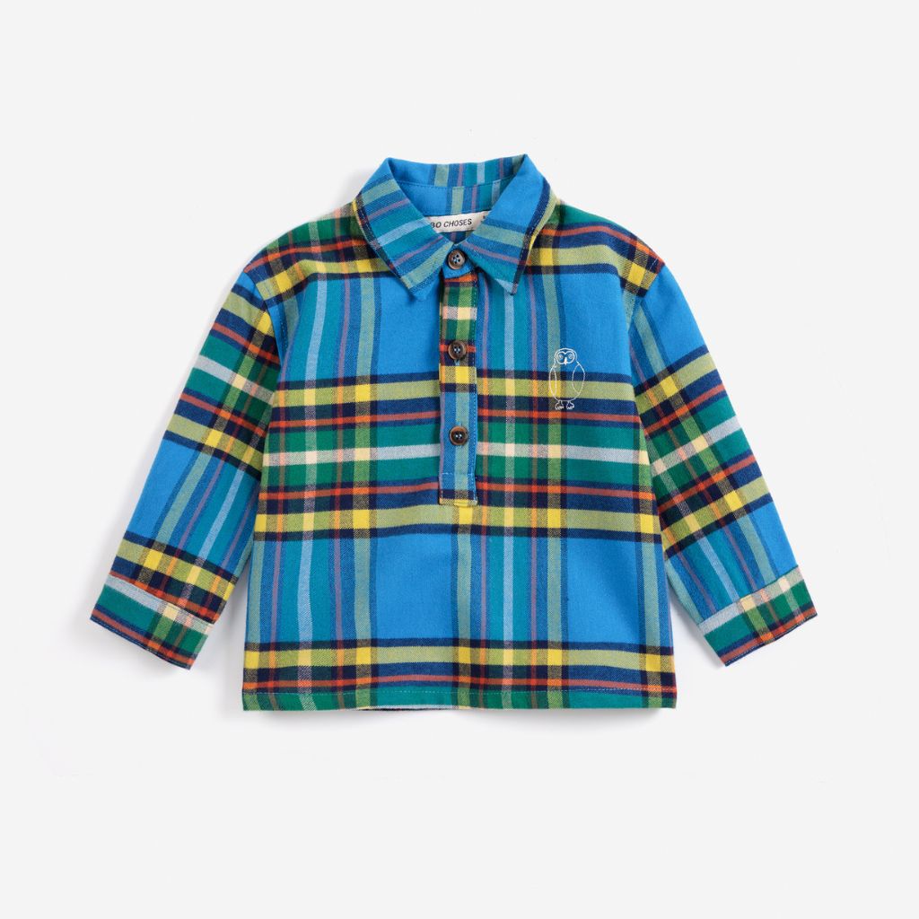 Bobo Choses Baby Plaid shirt in blue cotton, all over plaid check, button front
