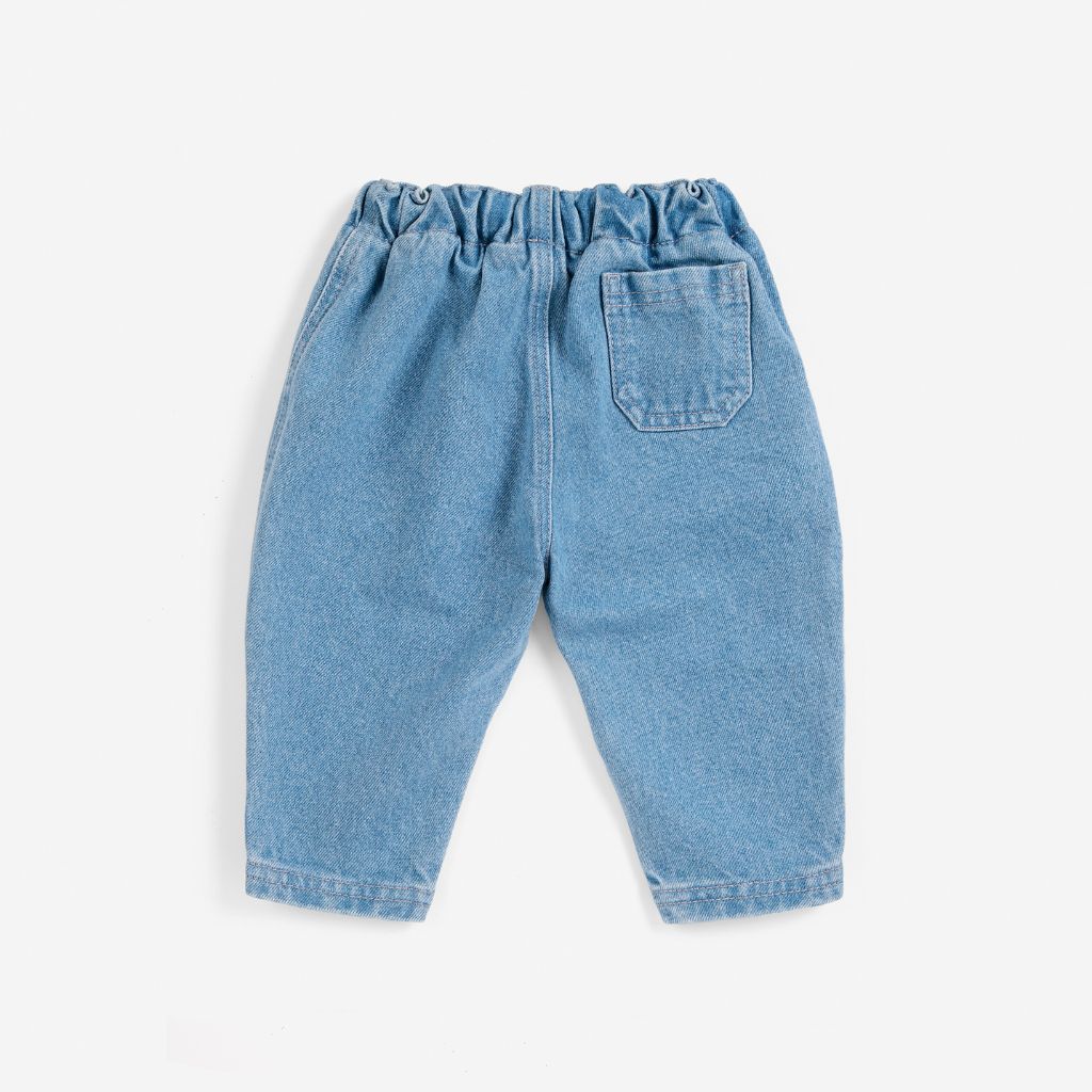 Bobo Choses Baby BC embossed denim pants in blue organic cotton, embossed logo texture, pull on