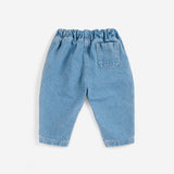 Bobo Choses Baby BC embossed denim pants in blue organic cotton, embossed logo texture, pull on