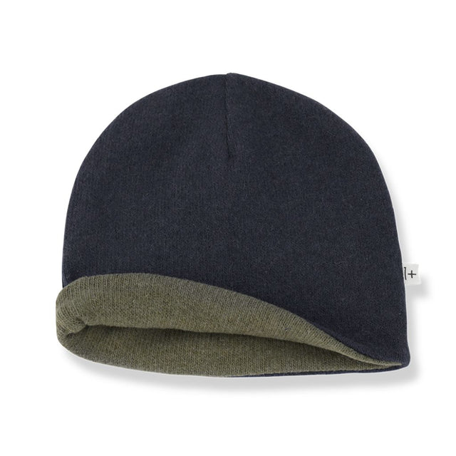 1 + in the Family NICK navy reversible baby beanie in soft plain fleece with a khaki underside
