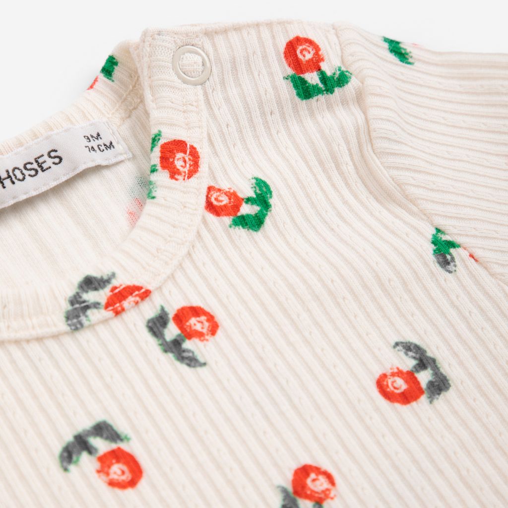 Bobo Choses Baby Stamp Bloom tee in purple stretch organic cotton, floral stamp print, loose fit