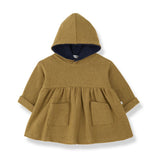 1 + in the Family MANITOBA ochre baby hooded dress in soft fleece with a contrast-lined hood
