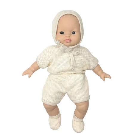 Minikane Babies Collection 28cm- Inès ecru honeycomb romper with bonnet and booties