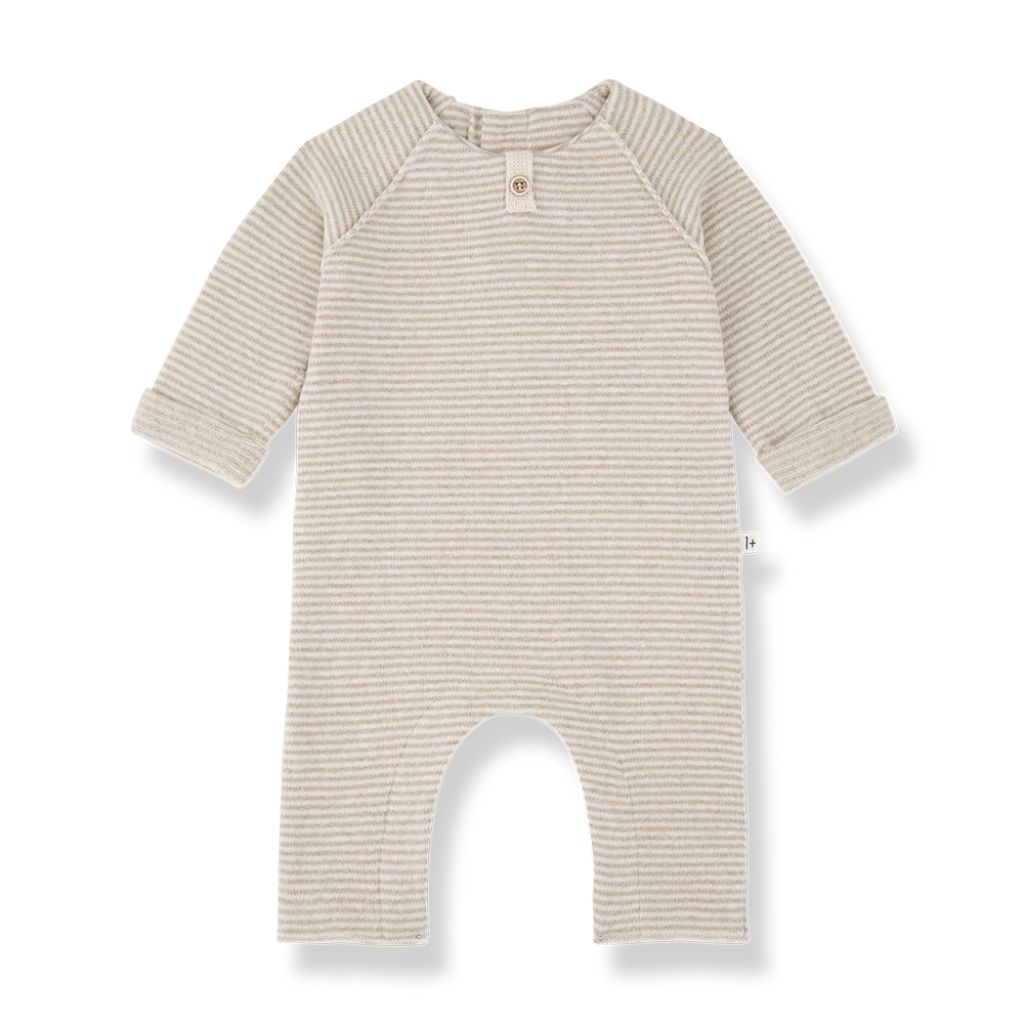 1 + in the Family LAVAL beige newborn jumpsuit in soft striped fleece with fine all-over stripes