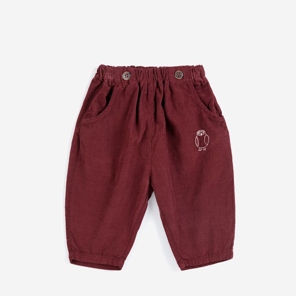 Bobo Choses Baby Curious Owl corduroy pants in burgundy organic cotton cord, pull on waist