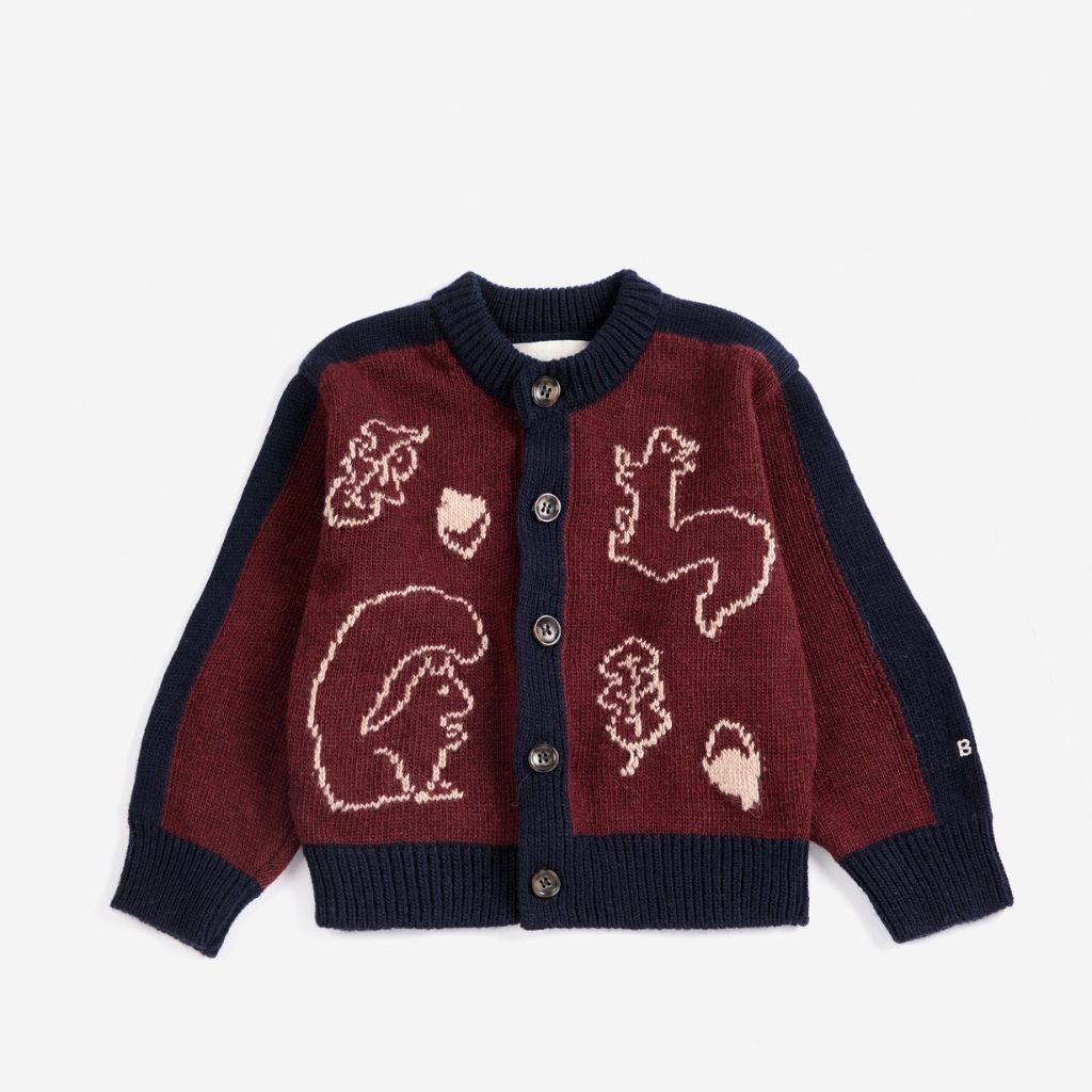 Bobo Choses Baby Forest Scene cardigan in burgundy recycled wool and cashmere, woodland jacquard, buttons