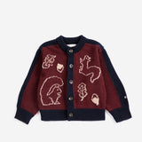 Bobo Choses Baby Forest Scene cardigan in burgundy recycled wool and cashmere, woodland jacquard, buttons