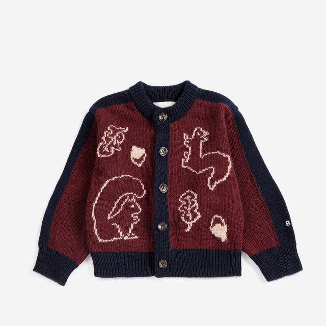 Bobo Choses Baby Forest Scene cardigan in burgundy recycled wool and cashmere, woodland jacquard, buttons