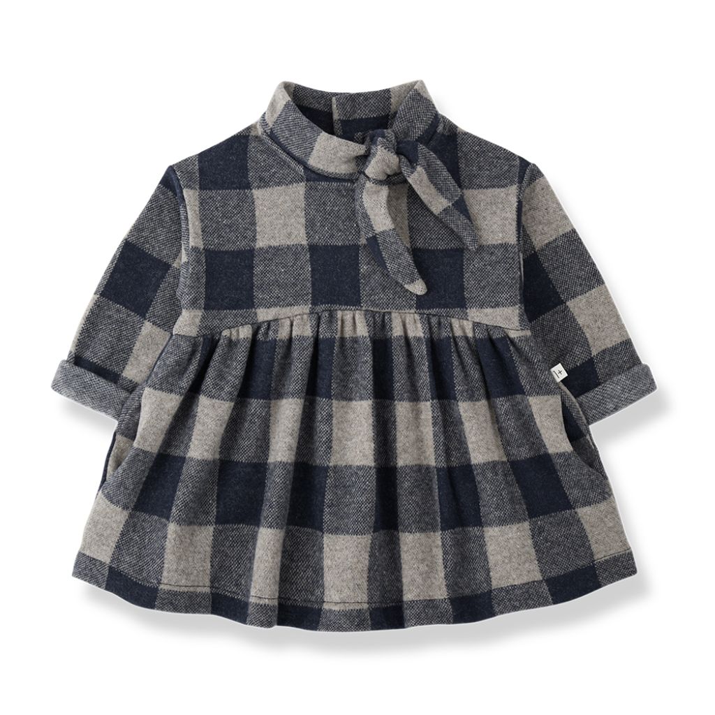 1 + in the Family PERUGIA blue gingham baby dress in fleece with a collar and gathered skirt