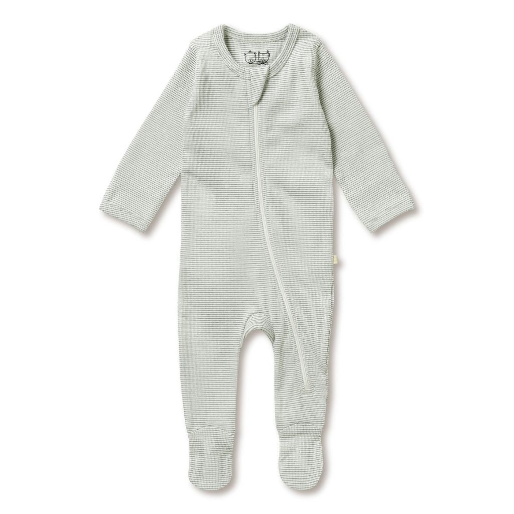 Wilson & Frenchy Organic Stripe Rib Zipsuit with Feet Fern