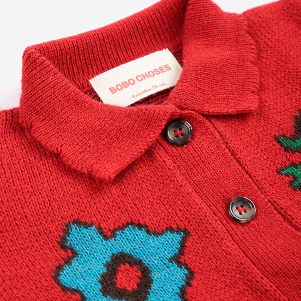 Bobo Choses Baby Blossom cardigan in red recycled wool and cashmere knit, button front