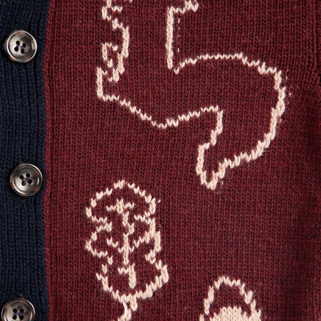 Bobo Choses Baby Forest Scene cardigan in burgundy recycled wool and cashmere, woodland jacquard, buttons